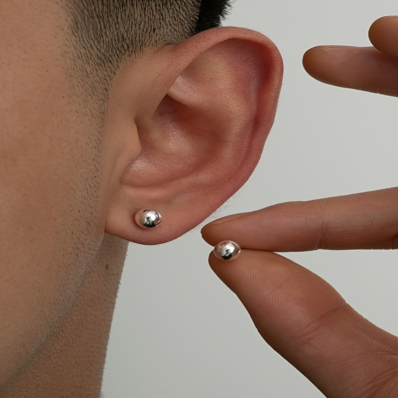 Silver Small Round Bead Stud Earrings for Men