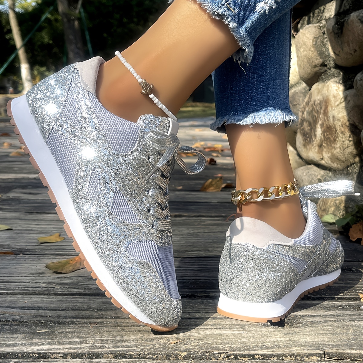 Women's Glitter Sequin Running Shoes Lace Up Thick Sole - Temu