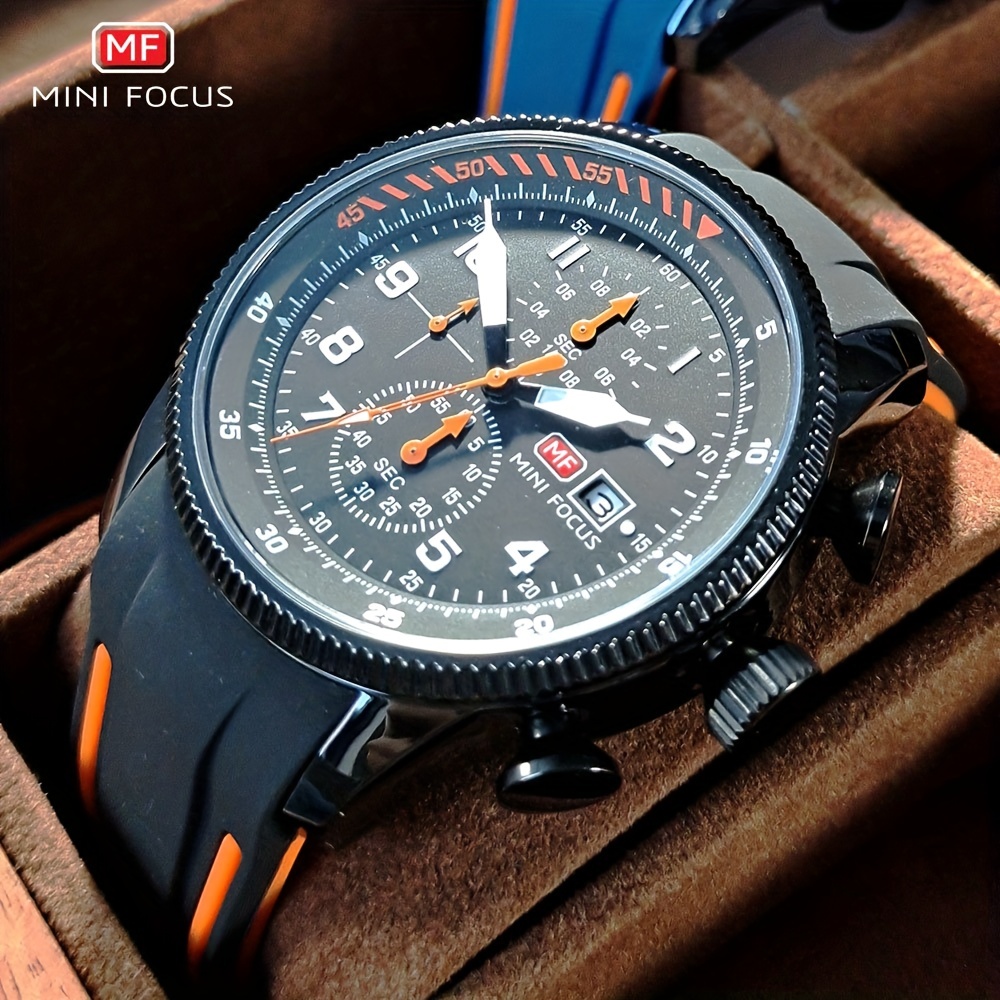 MINI FOCUS スポーツクオーツ腕時計、男性用、ファッション防水オートデートグロークロノグラフ腕時計、ブルーシリコンストラップ付き