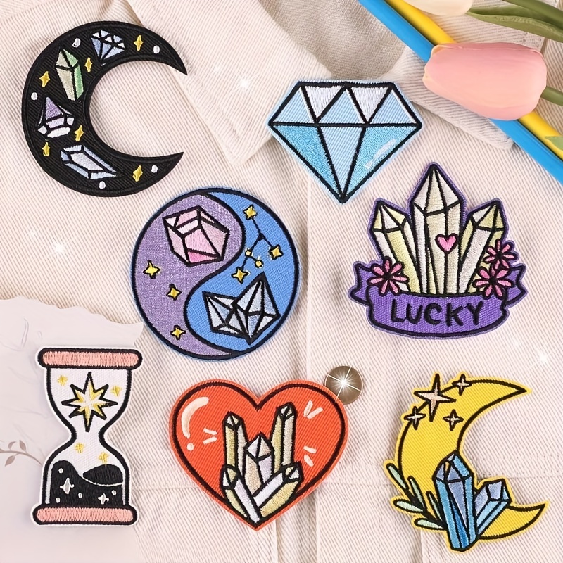 

7pcs Set Of Diamond Moon Embroidery Patches - Diy Iron-on/sew-on Appliques For Clothing, Backpacks & Hats - Assorted Colors