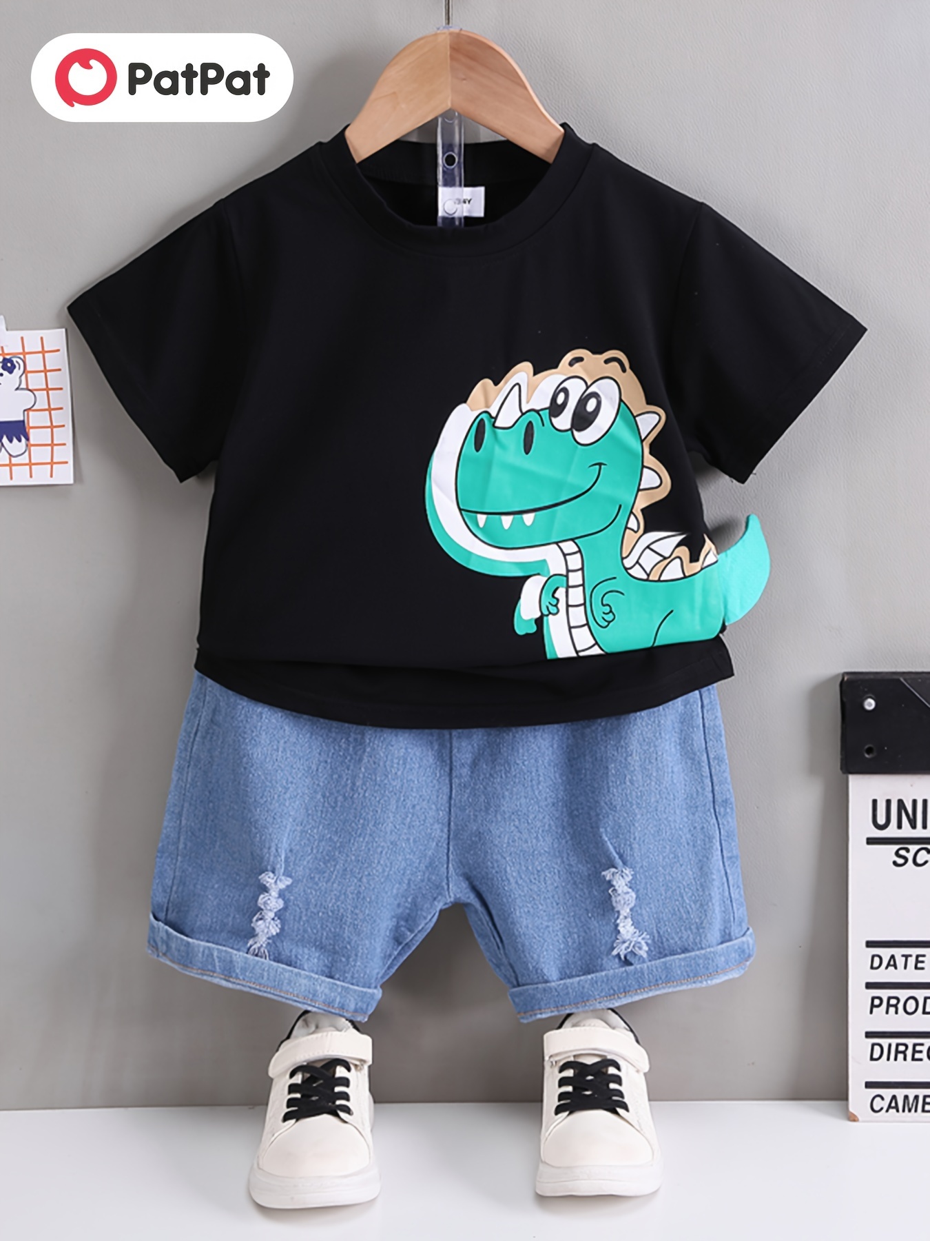 2pcs Toddler Boy Ripped Denim Shorts and Playful Dinosaur Print Stripe Tee Set