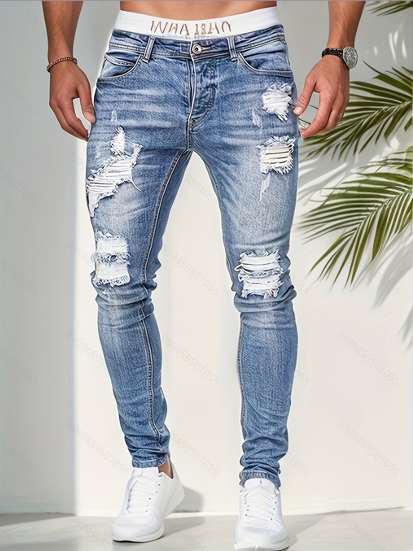 Plus Size Men's Solid Ripped Jeans Fashion Casual Denim - Temu