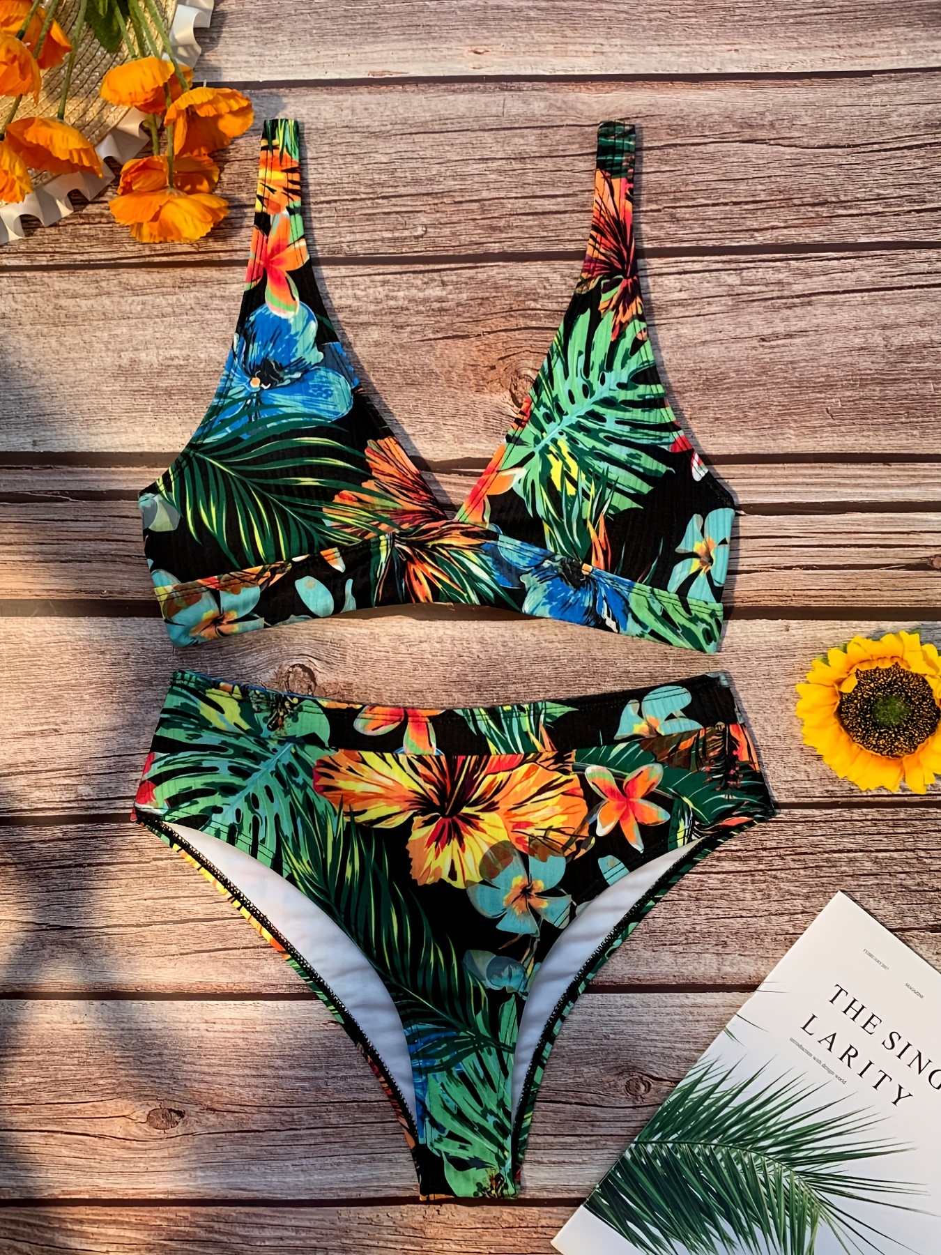 Tropical Leaf Print V Neck High Waist Bikini Sets, Drawstring Spaghetti  Straps Boxer Short Bottoms Two Pieces Swimsuit, Women's Swimwear & Clothing