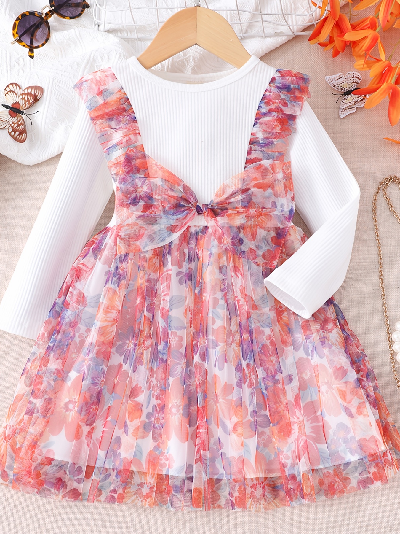Toddler Girl Letter Print Ruffled Floral Print Mesh Design Long-sleeve Dress