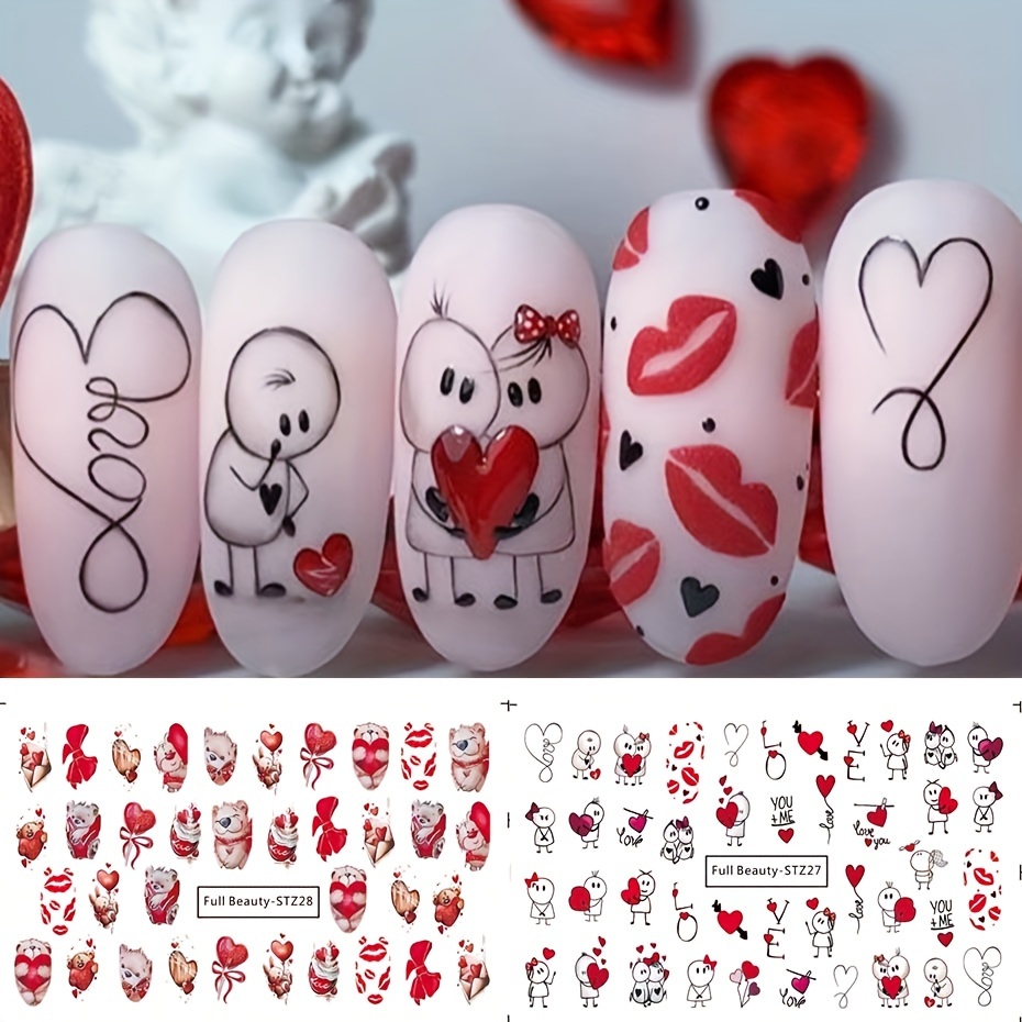 Pegatinas para el día de San Valentín, diseño de corazón para uñas,  pegatinas de agua, transferencia de suministros de uñas, labios, XO, amor,  beso, corazón, letra de arte, pegatinas de transferencia para