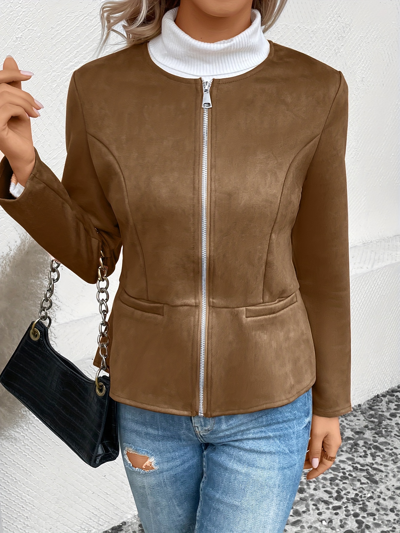 Womens Casual Solid Color Lapel Zipper Long Sleeve Leather Jacket Coat Tops  Blouse Tietoc