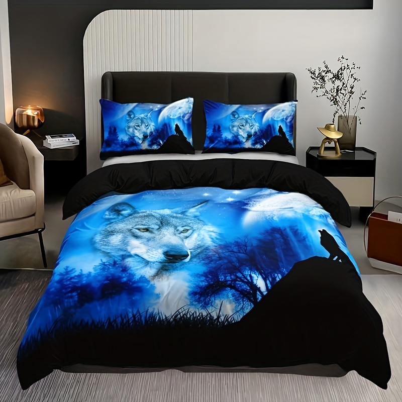 3pcs Soft and Cozy Dark Wolf Digital Print Duvet Cover Set for Bedroom and Guest Room - Includes 1 Duvet Cover and 2 Pillowcases (Core Not Included)