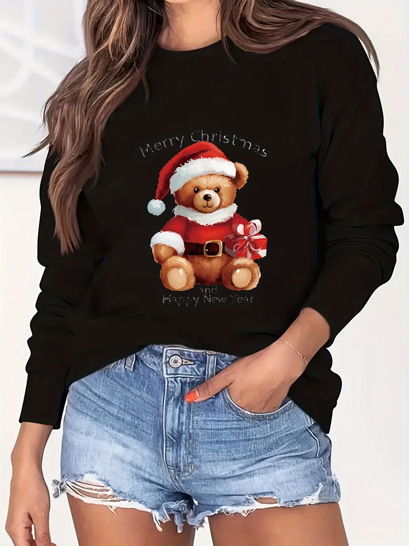 Christmas Bear Print Sweatshirt Crew Neck Casual Temu Australia