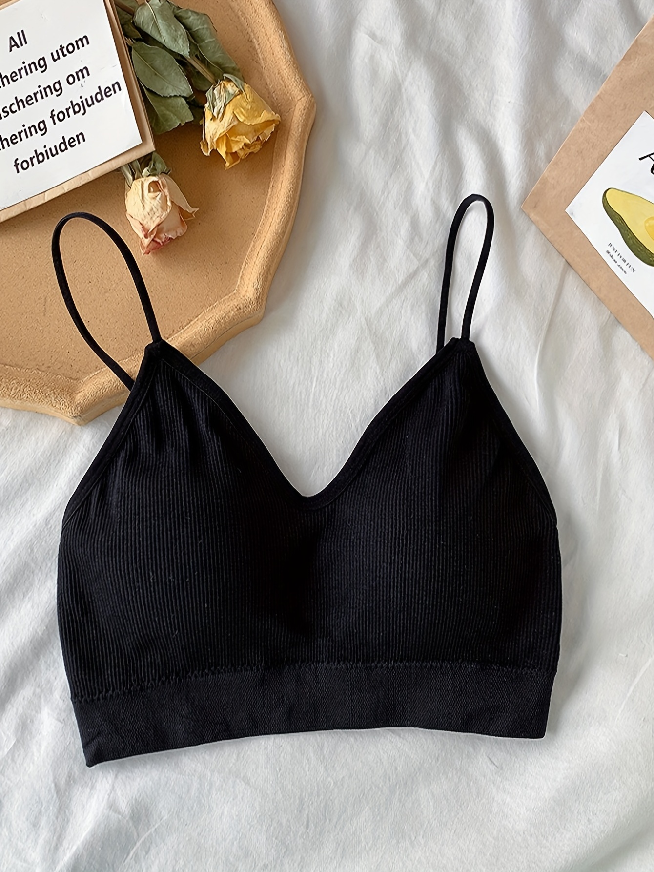 Solid Ribbed Wireless Bras Comfy Breathable Double Straps - Temu