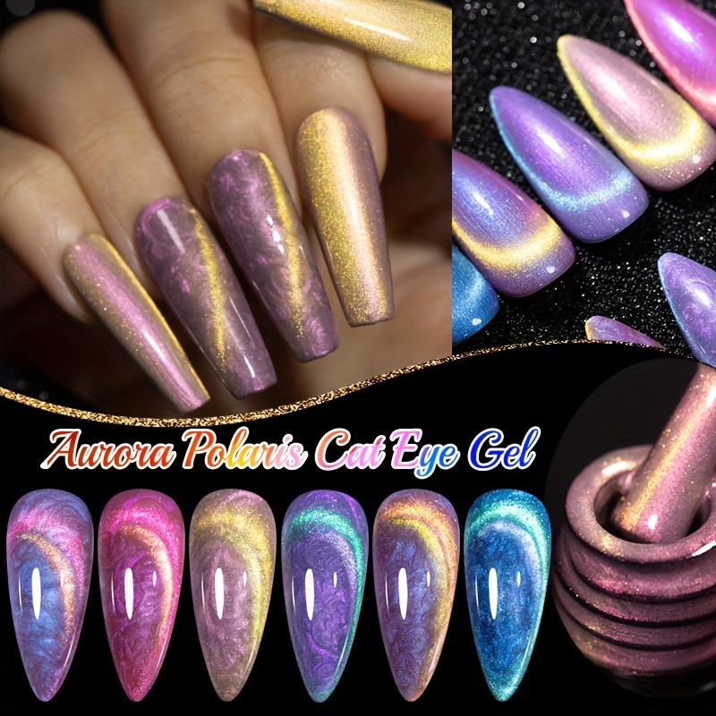 * 6pcs/set Aurora Shell Thread Cat Magnetic Gel Nail Polish With Magnet  Semi-Permanent Nail Art 9D Aurora Glitter Pearl Cat Eye Gel Varnish DIY M