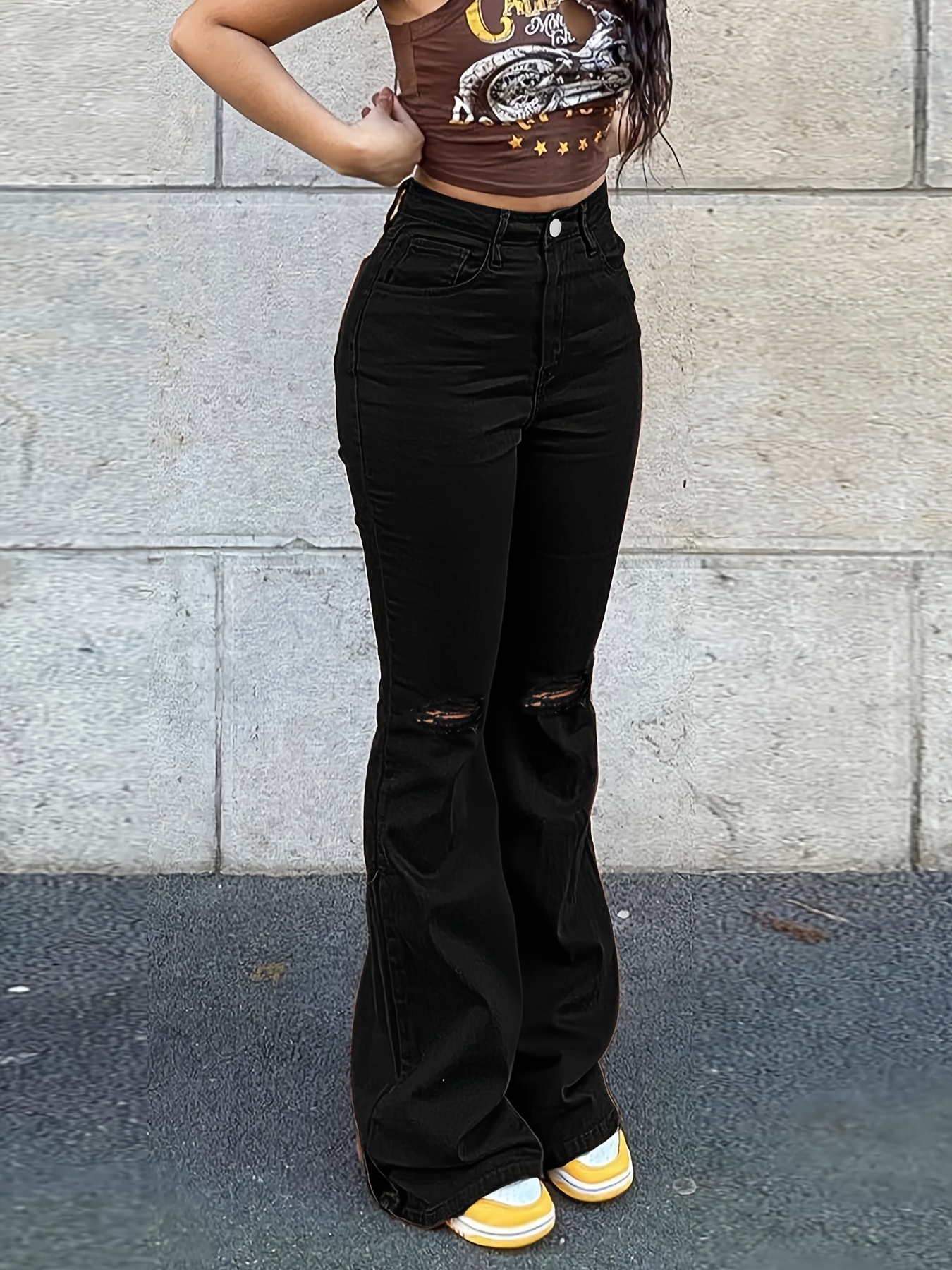 Jeans Rectos Negros De Cintura Alta, Pantalones De Mezclilla De Tiro Alto  Sin Estiramiento, Pantalones De Mezclilla Y Ropa De Mujer