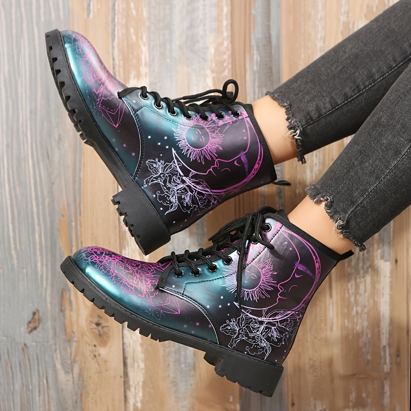 Women's Gothic Style Ankle Combat Boots, Round Toe Lace Up Sun & Moon Print  Non Slip Shoes, Outdoor Short Boots