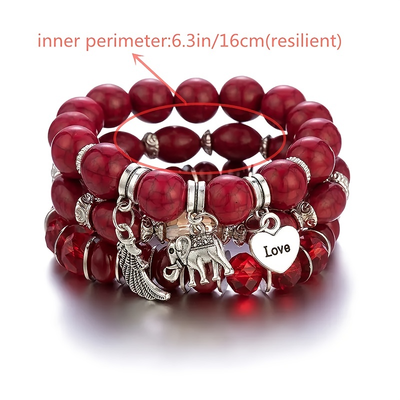 3 Pcs Elephant Charm Beaded Bracelet Set