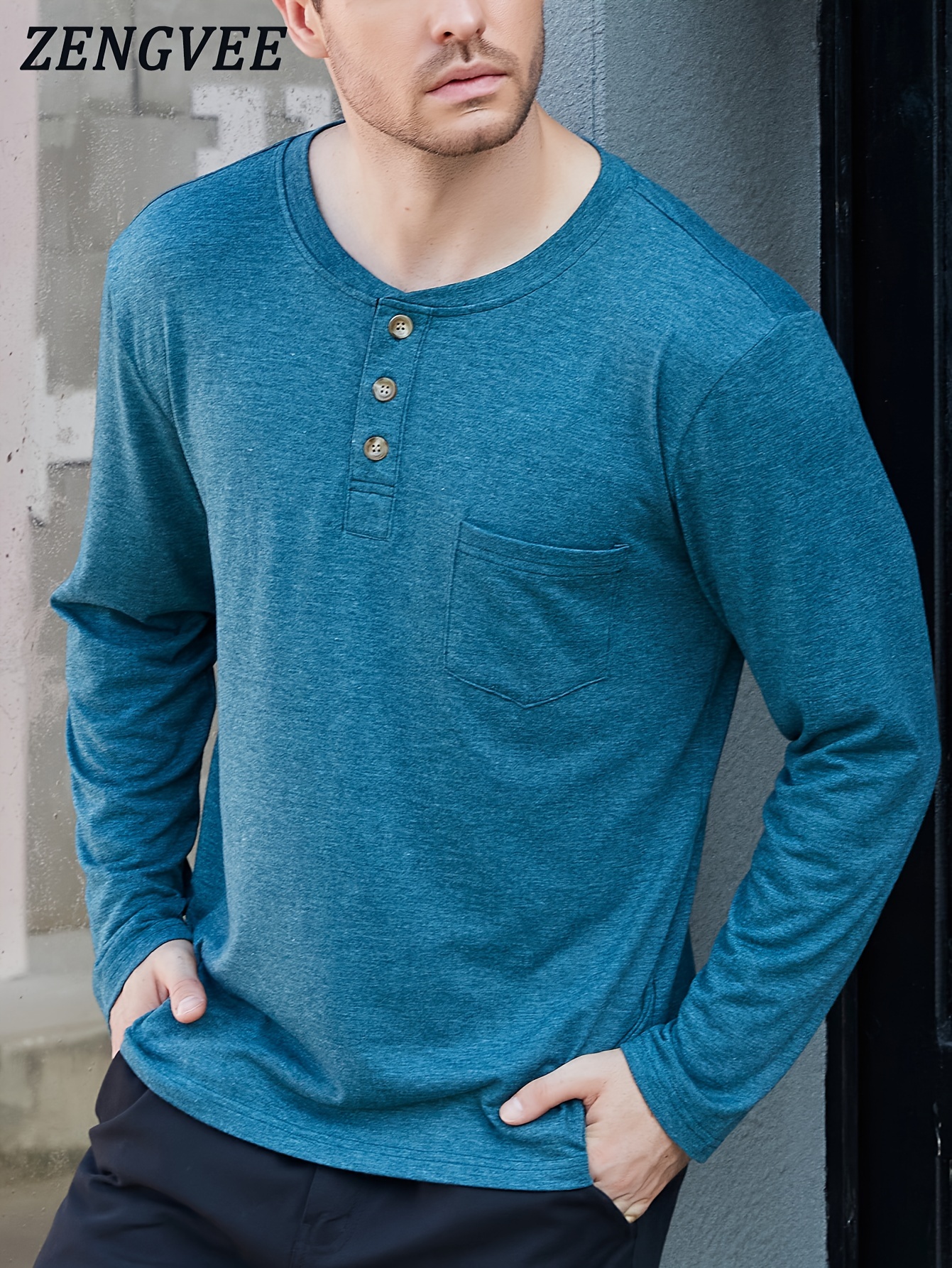 Mens Henley Long Sleeve Blue T Shirt