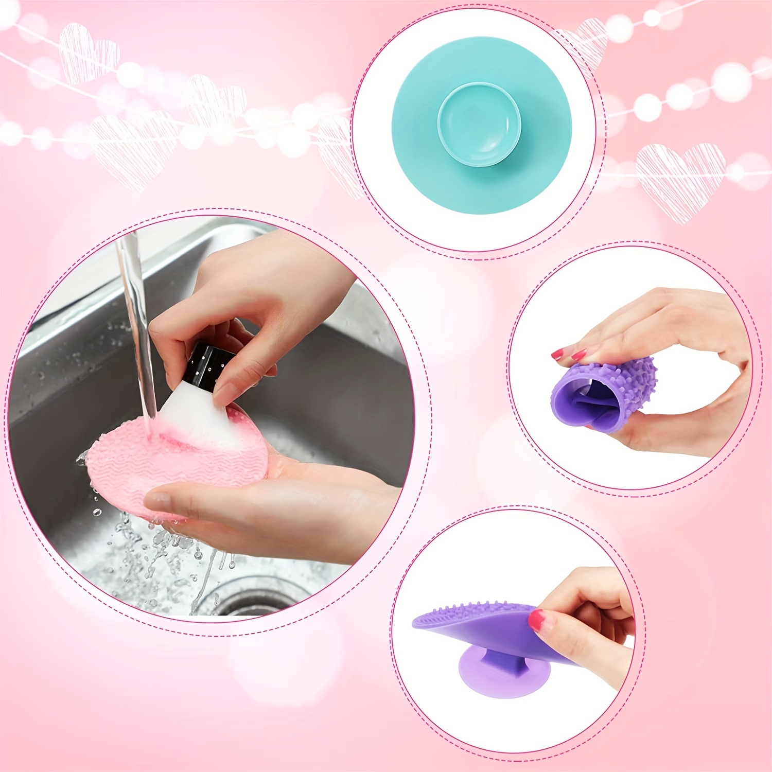 Brush Cleaning Mat, Silicone Makeup Cleaning Brush Scrubber Mat Portable  Washing Tool Cosmetic Brush Cleaner with Suction Cup for Valentines Day  Green