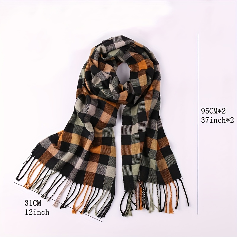 1pc Faux Cashmere Plaid Scarf With Tassels, Warm, Fashionable