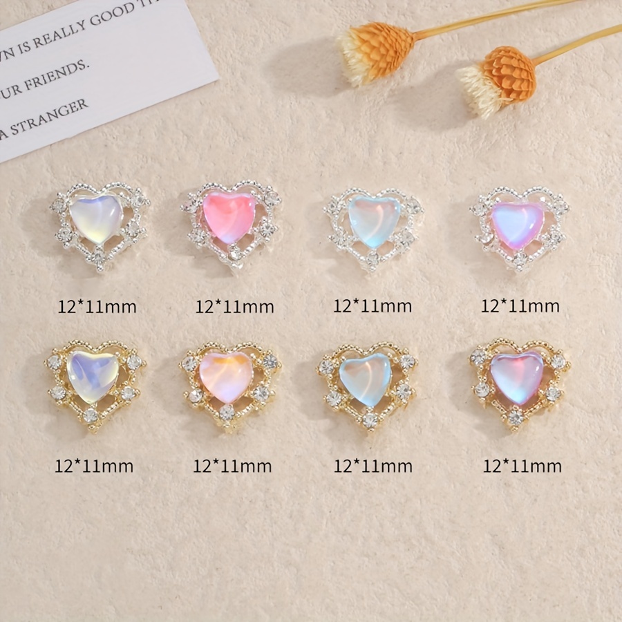 10pcs Aurora Peach Heart Nail Charms + Rhinestones Nail Gem Accessories