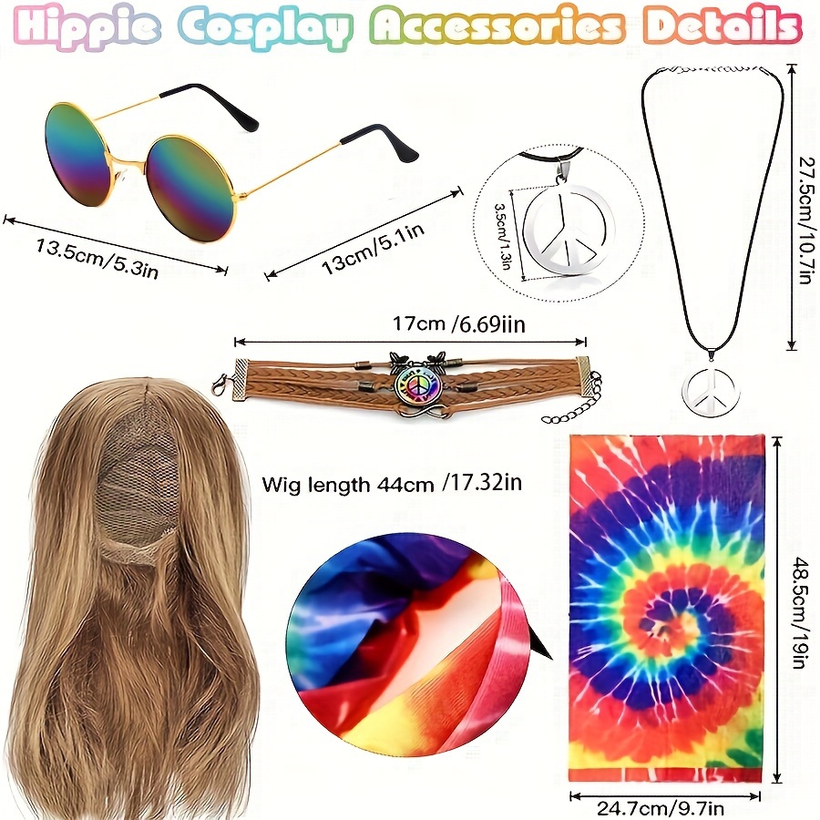 5pcs Set 70s Hippie Clothing Set Role Playing Party Costumes Halloween  Party Decors Peace Sign Necklace Woven Bracelet Golden Straight Wig  Sunglasses Tie Dye Sunflower Headband Photography Props Stage Performance  Accessories