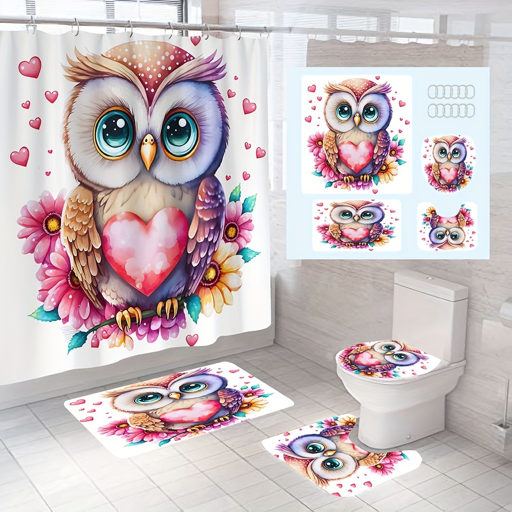 Shower Curtain Set Love Owl Printed Bathroom Decor Set - Temu Canada