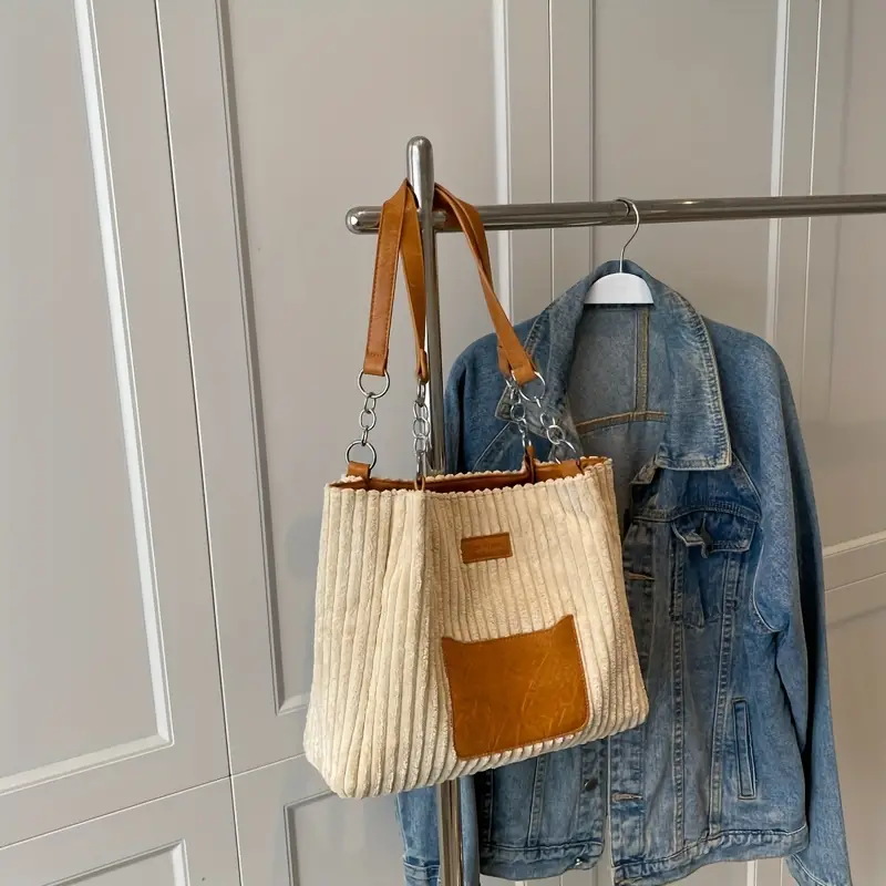 Corduroy Tote Bag for Women, Fashion Chain Shoulder Bag, Large Capacity Plush Handbag,No Pattern,$17.49,Style Two Brown,Bags and Purses,Temu