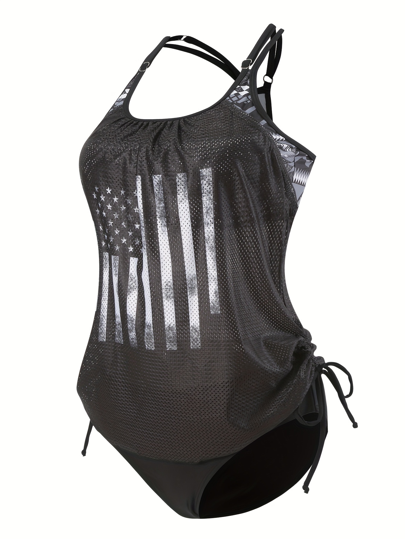 EVALESS Flag Printed 2 Piece Tankinis Swimwear for Womens Halter Tankini  Black Swimsuit Top with Bikini Bottom Beach Tankini Bathing Suits for Women  Size X-Large US 16-18 