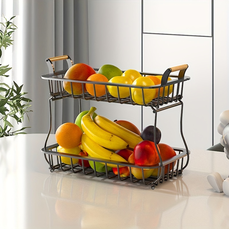SAYZH 2-Tier Fruit Basket Bowl Vegetable Storage with Dual Banana Tree Hanger and Wood Lift Handle, Kitchen Countertop Metal Wire Basket for Bread