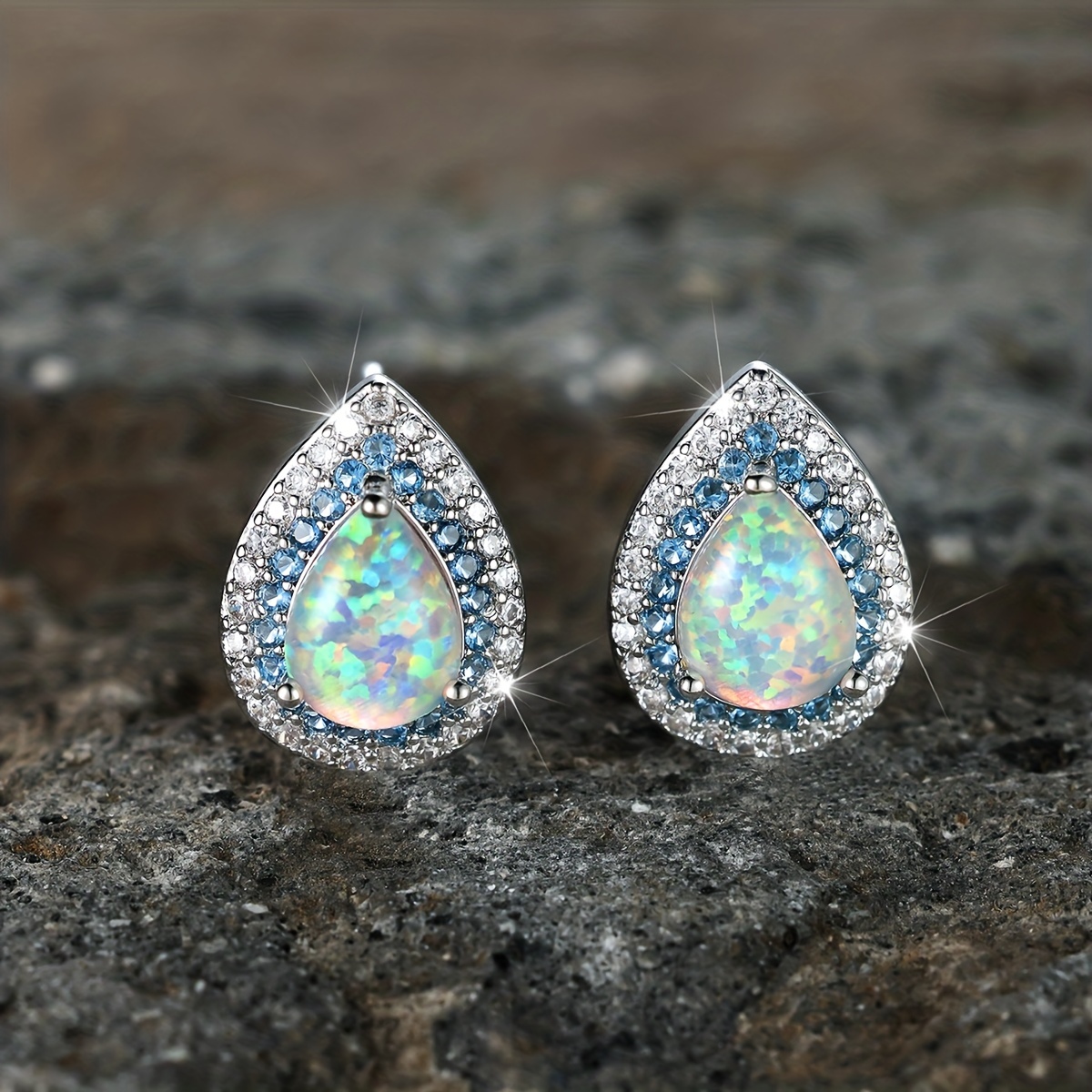 

Teardrop Shape Opal With Bleu & White Shiny Zircon Deco Stud Earrings Relent Simple Style Copper Jewelry Banquet Ear Ornament