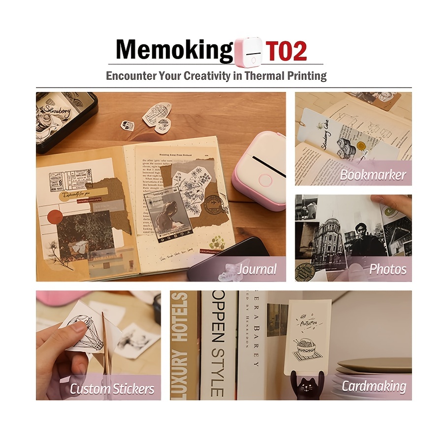 Memoking T02 Portable Small Printer with 3 Rolls Paper, Sticker  Printer Machine for Study, Notes, Pictures, Photos, Journals, DIY and White  Sticky Paper : Office Products