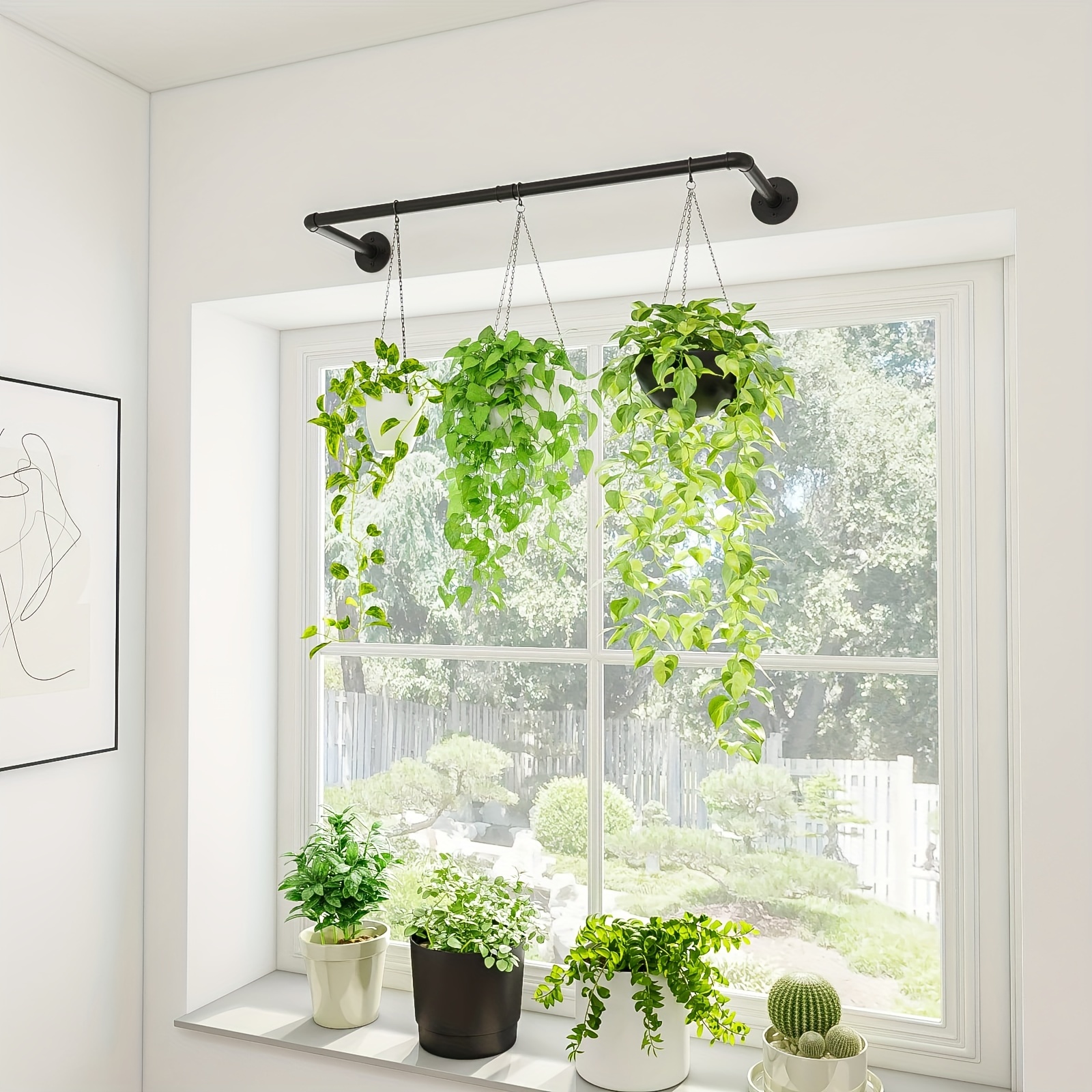 1個、屋内植物用吊り下げプランター 窓の天井と壁の装飾用植物ホルダー フローティングブラックメタルロッド 家庭菜園用 (ポットと植物は含まれません)