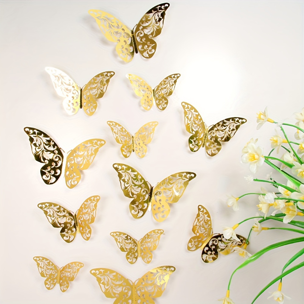 Pegatinas de pared de mariposa 3D huecas, 3 capas, oro rosa