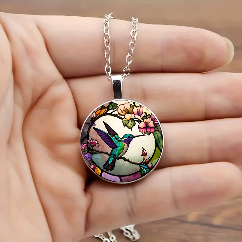 1pc hummingbird pattern time gem round pendant necklace for men women details 1