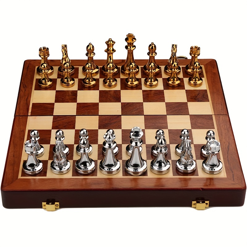 チェスゴールデンシルバーセット、折りたたみ式、無垢材チェスボックス、亜鉛合金金属重みチェス