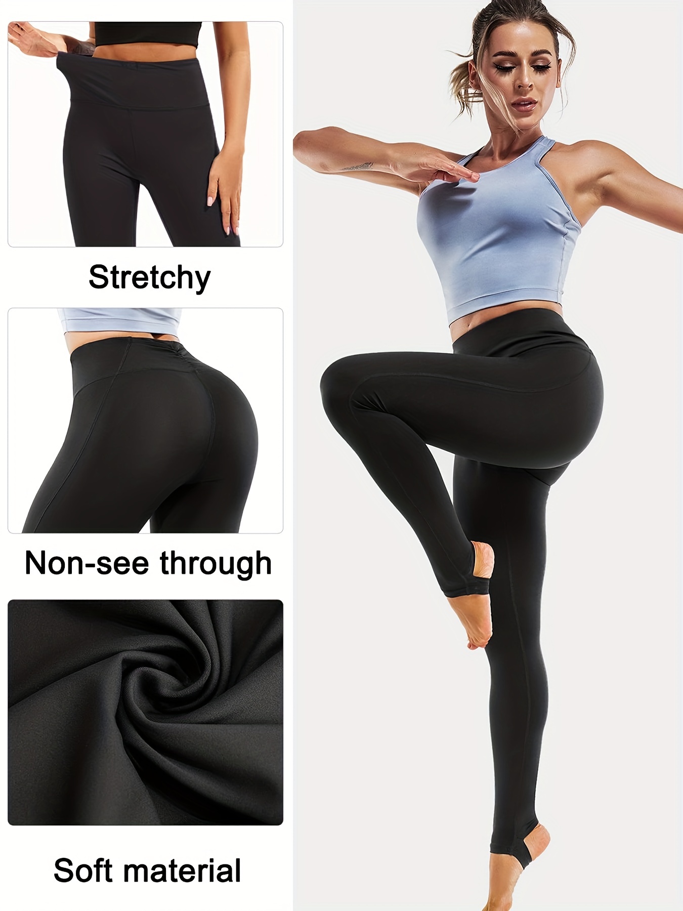 Black High Waist Stirrup Leggings Slimming Stretchy Yoga - Temu Canada
