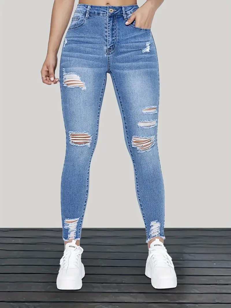 Ripped Holes Washed Skinny Jeans Slim Fit High Stretch - Temu