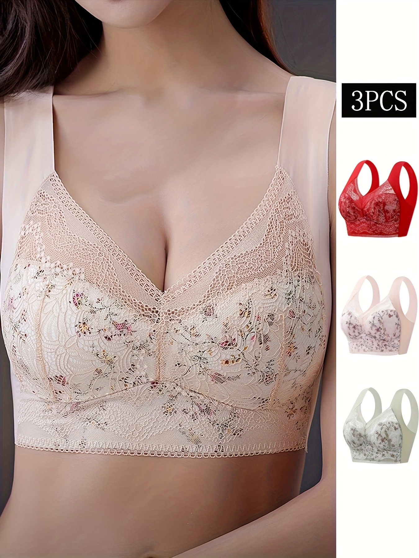 3pcs Heart Print Wireless Bras, Comfy & Breathable Push Up Bra, Women's  Lingerie & Underwear