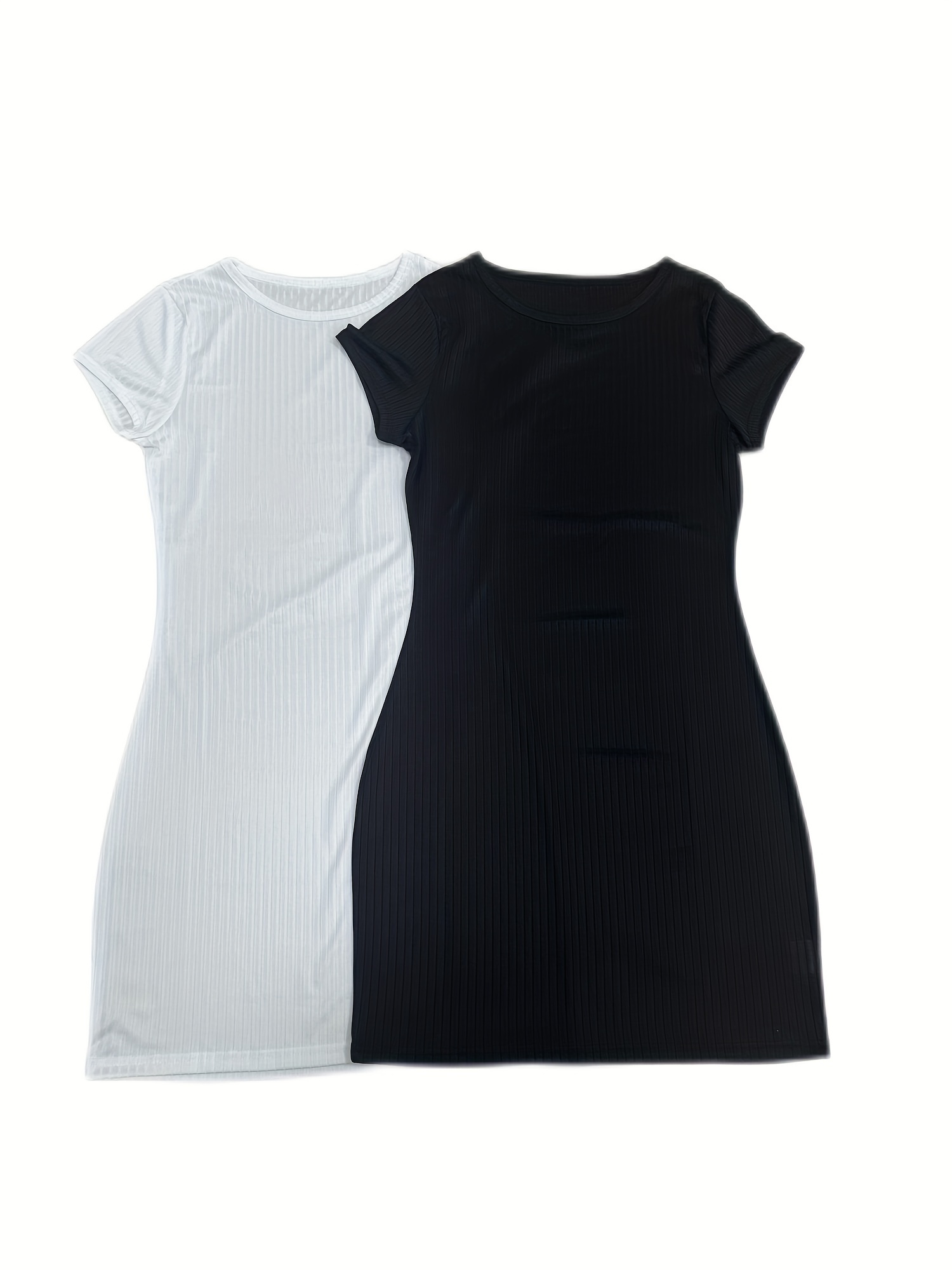 Rib Knit Tee Dress 2 Pack Sexy Bodycon Crew Neck Dress For Every Day Club Party Women's Clothing
