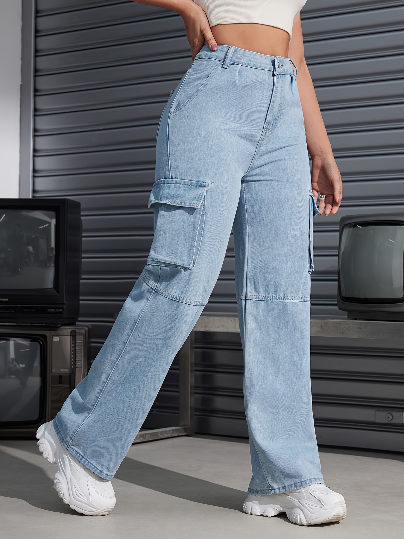 Loose Fit Casual Straight Jeans, Flap Pockets Y2K & Kpop Style Cargo Pants,  Women's Denim Jeans & Clothing