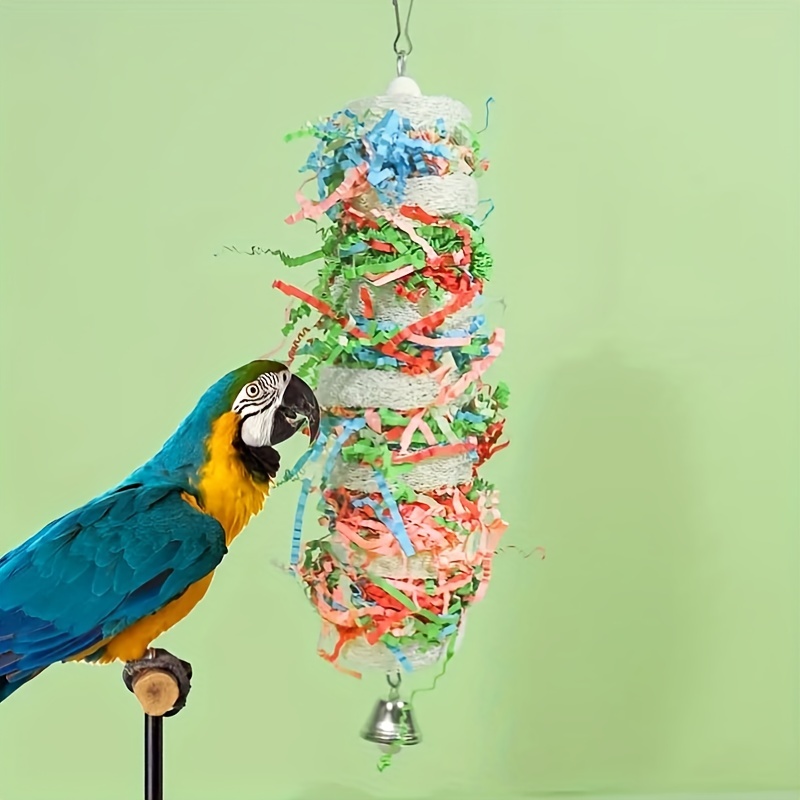 

1pc Random Color Parrot Chew Toy With Bell Parrot Foraging Hanging Loofah Chewing Toys Cage Accessories Bird Shredded Paper Toy