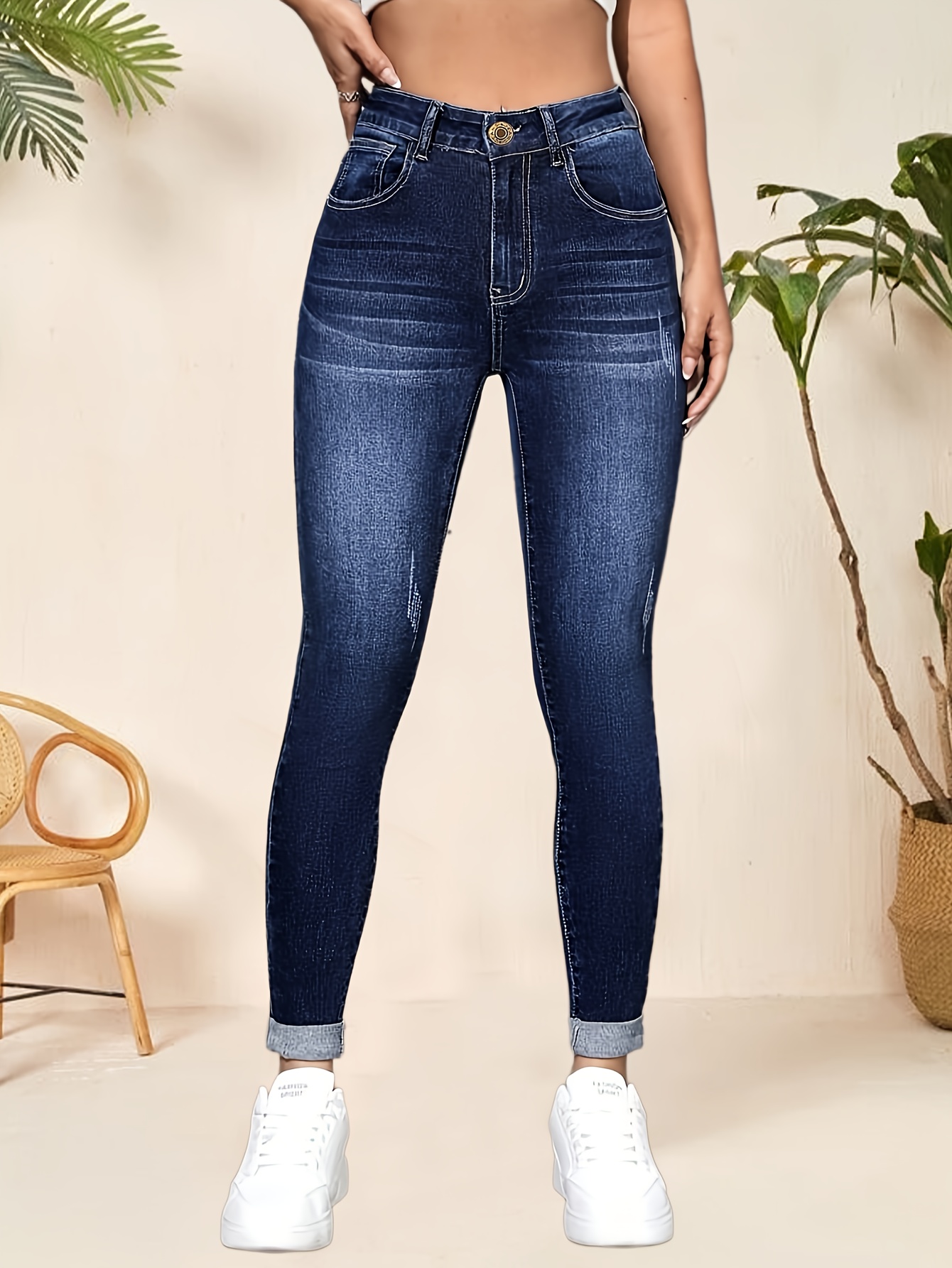 Double Button Ripped Skinny Jeans, High Rise Washed Blue Stretchy Denim  Pants, Women's Denim Jeans & Clothing