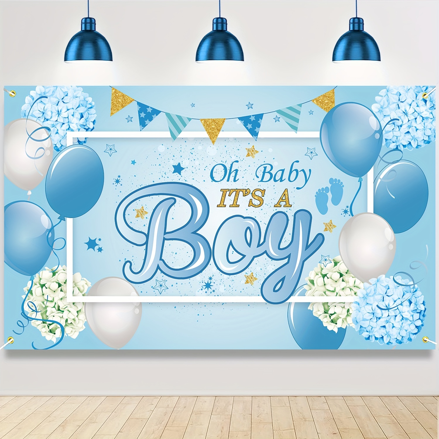 1pc 5x3ft Blue Silver Oh Baby Backdrop Little Feet Baby Shower Background  For Boy Footprint Baby Shower Photo Booth Backdrops Party Decorations Banner