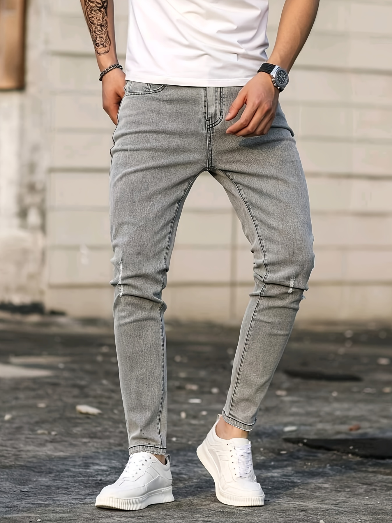 Gray Ripped Distressed Skinny Jeans High Waist Stretchy - Temu