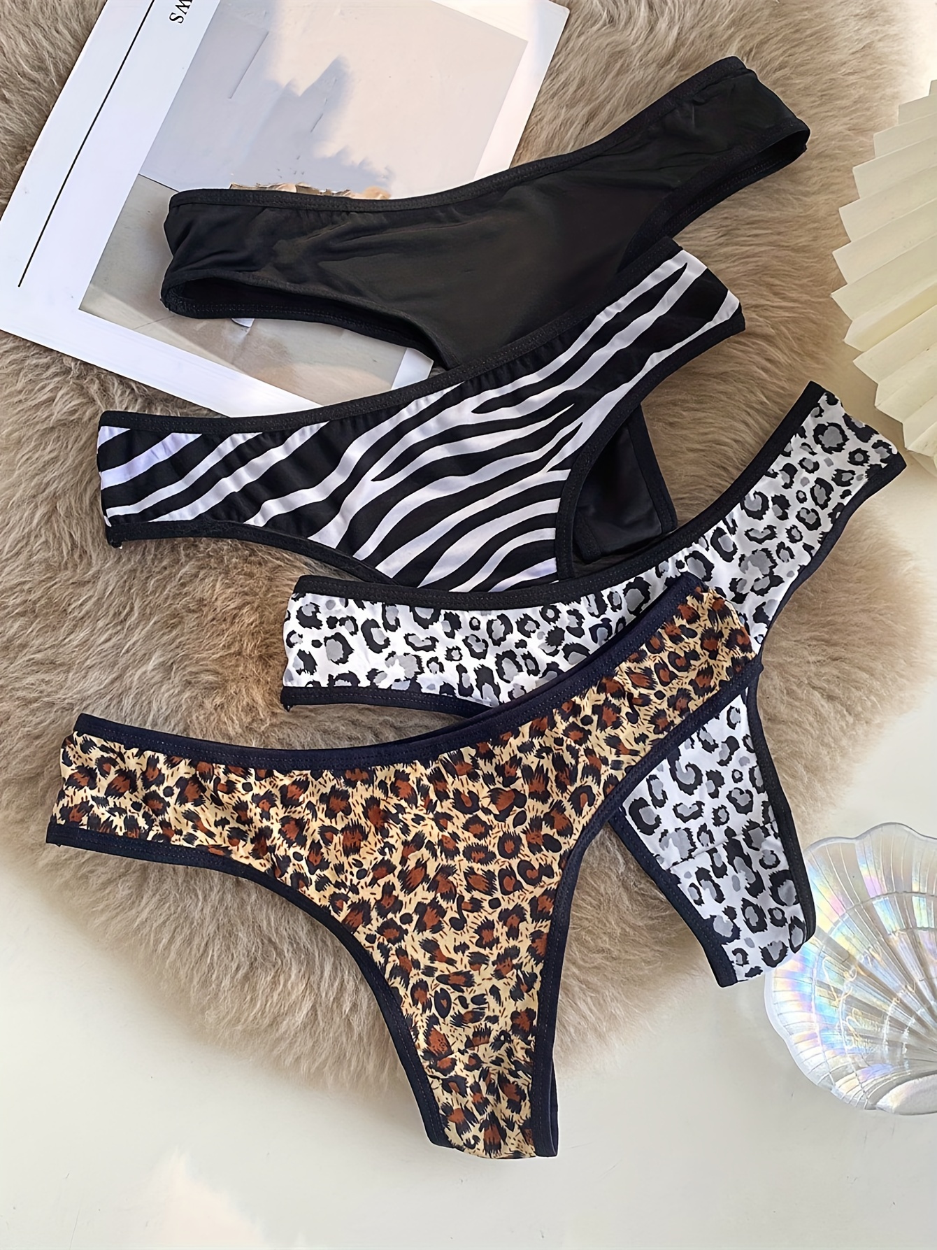 4pcs Leopard & Zebra Print Thongs, Soft & Comfy Stretchy Intimates Panties,  Women's Lingerie & Underwear
