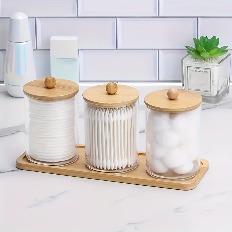 

3pcs Cotton Swab Jar With Bamboo Cover & Storage Tray, Makeup Cotton Storage Tube, Simple Acrylic Round Transparent Makeup Storage Box, Bath Salt Container, Bathroom Accessories