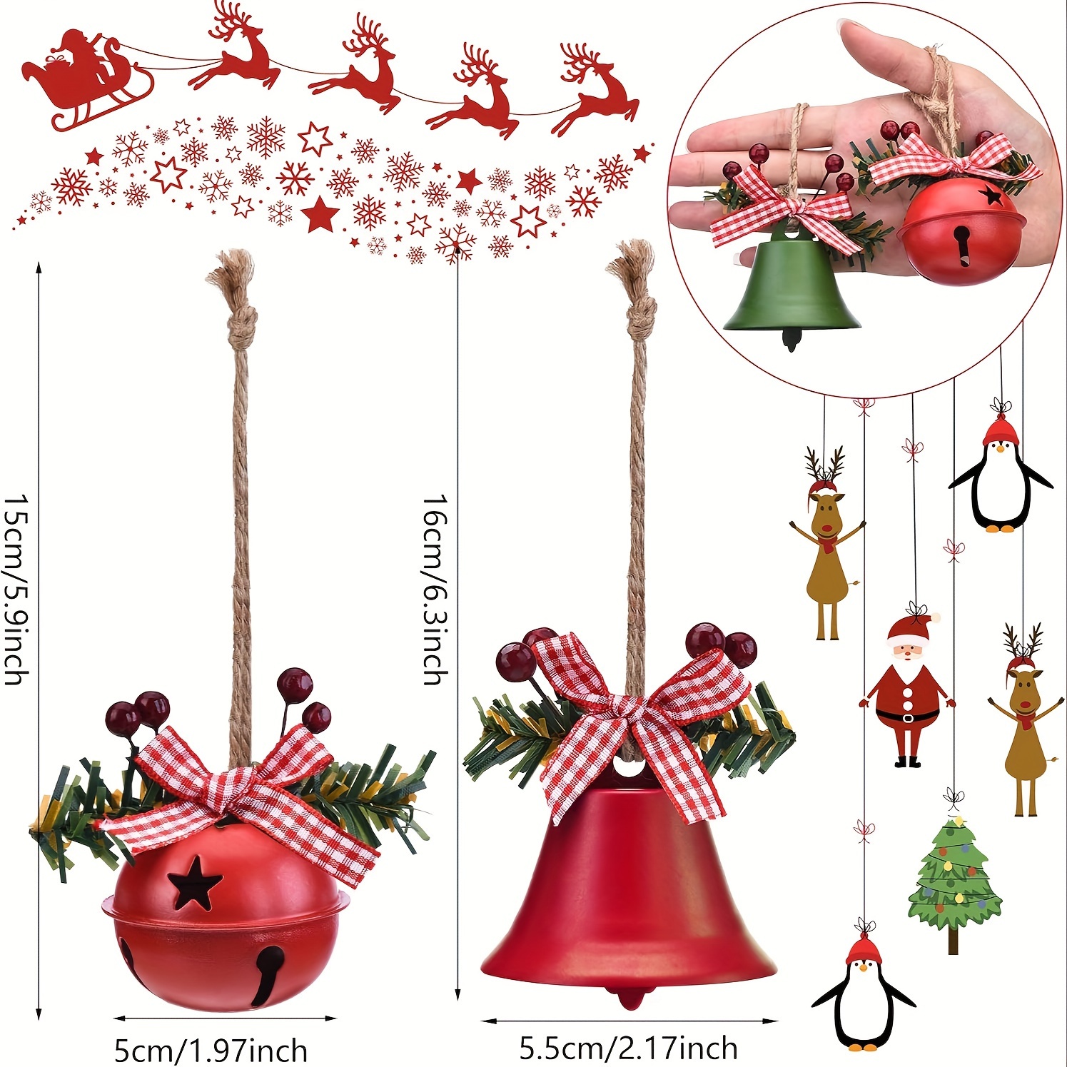 6pcs Christmas Bell Ornaments 2023 Xmas Tree Hanging Decorations Large Size  Bells With Star Cutouts Anniversary Bells With Holly Berry For Crafts Holi