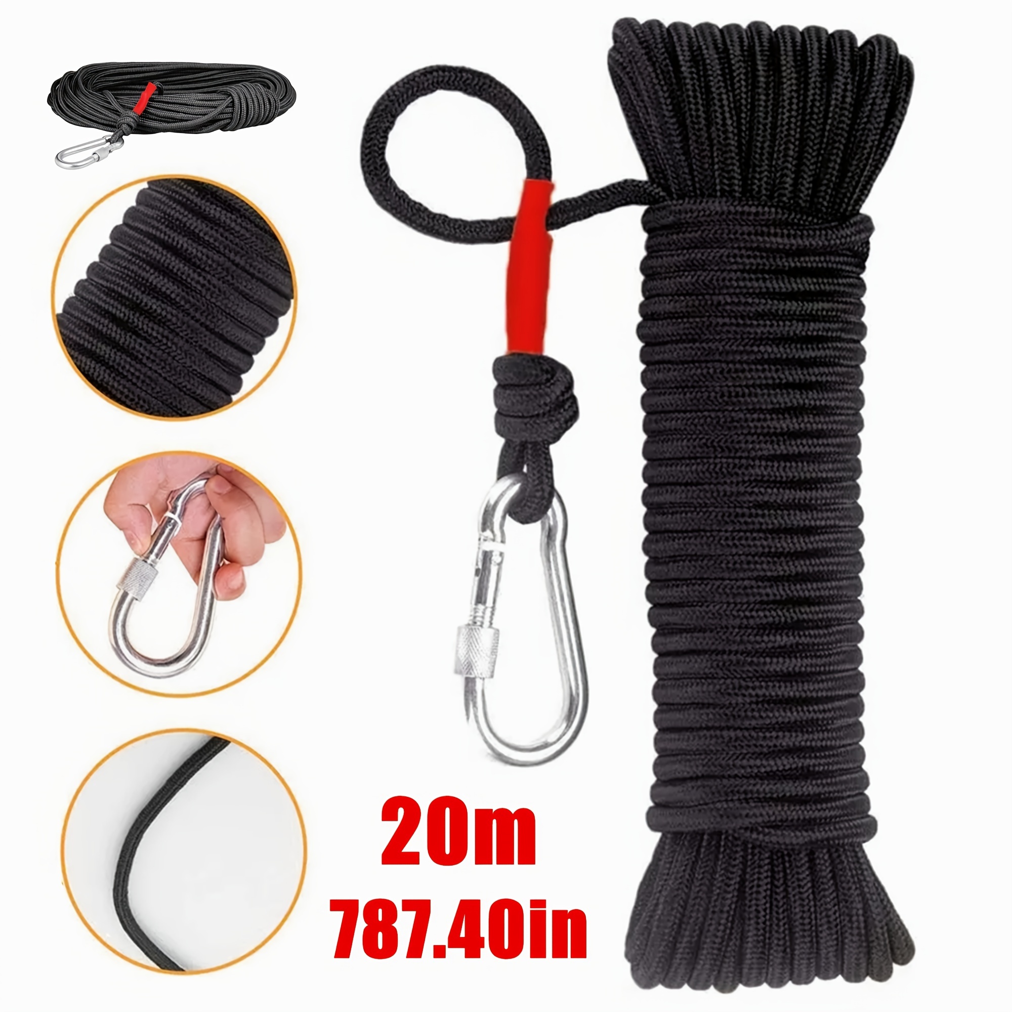 787 4in Black Salvage Magnet Fishing Rope Carabiner Nylon Braided Rope  Nylon Mooring Rope For Anchor Clothesline Belt Tow Rope - Sports & Outdoors  - Temu New Zealand