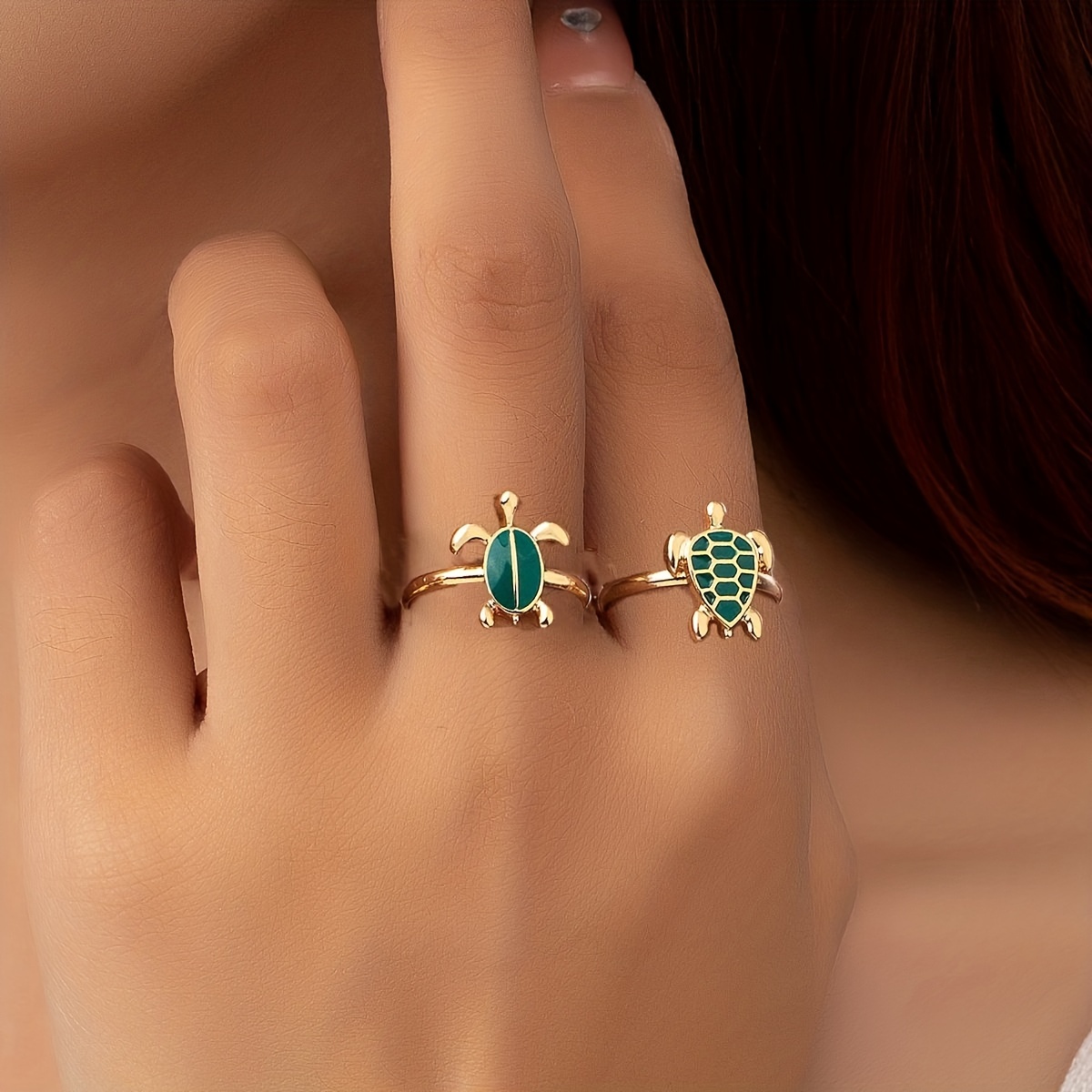 

2pcs Cute Stacking Rings 14k Plated Lovely Turtle Design Match Daily Outfits Perfect Decor For Summer Vacation Unusual Jewelry For Men And Women