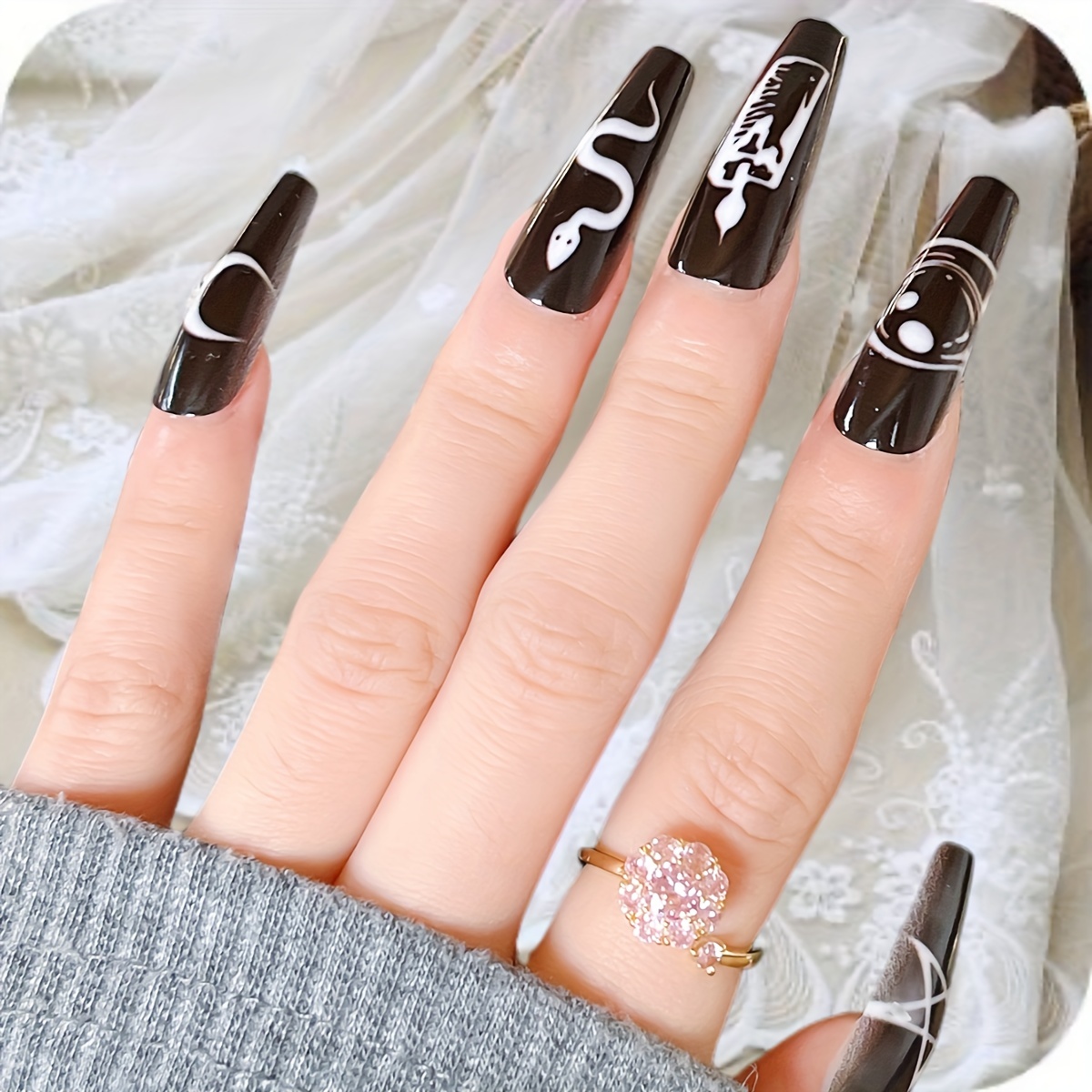  24 Pcs Halloween Press on Nails Long, Acrylic Ballet