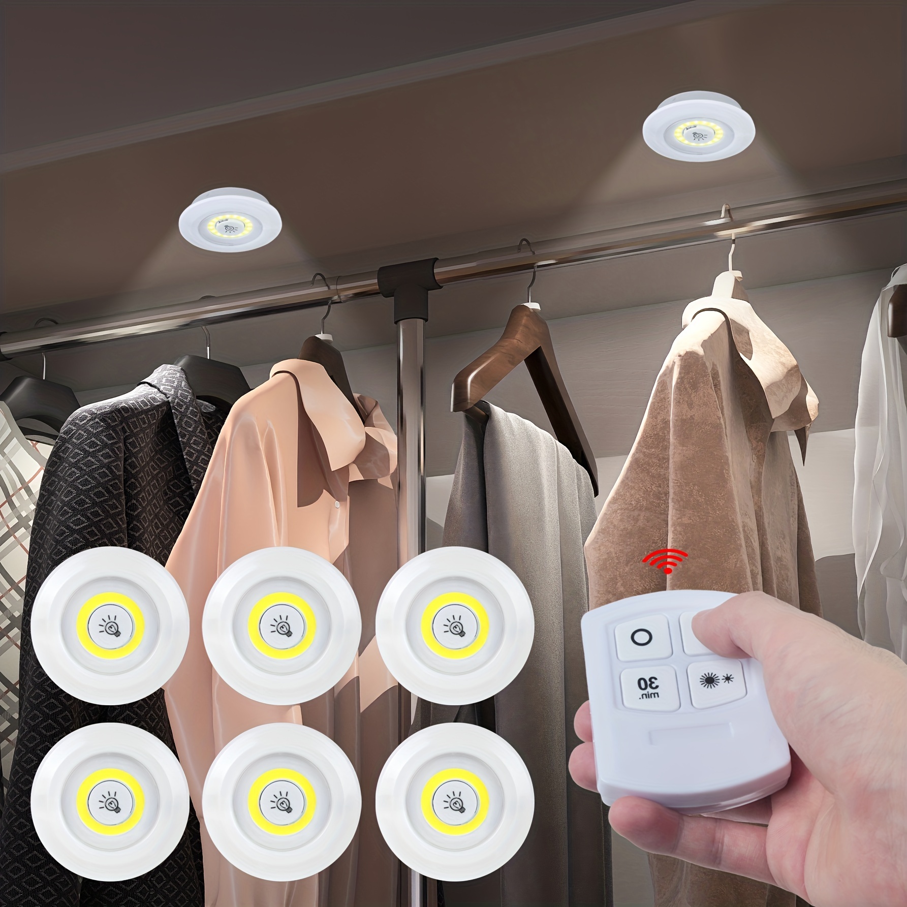Luces para armarios interiores regulables con control remoto RF, accesorio  de iluminación para mostrador, armario, estantería, cocina