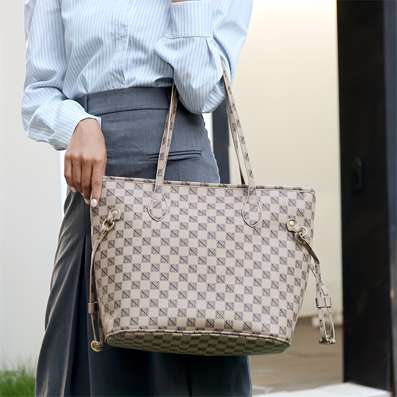 Retro Lattice Tote Bag, Pu Large Capacity Shoulder Bag, Perfect Underarm  Bag For Commuting - Temu