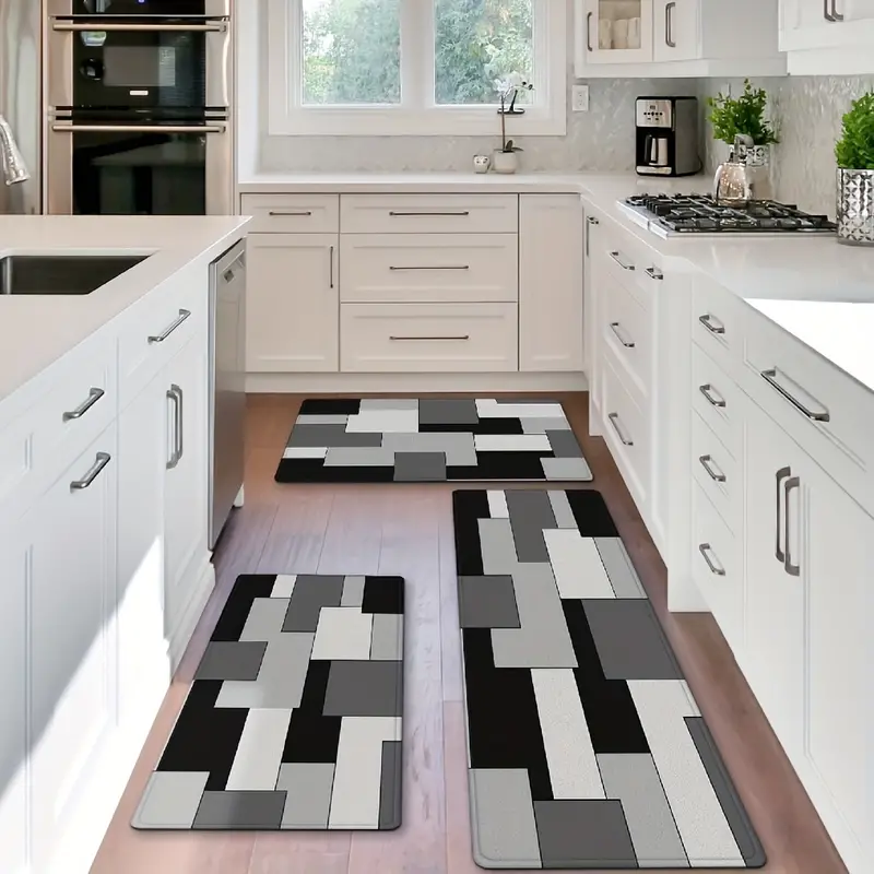 Kitchen Rugs And Mats Non Skid Washable Black Grey Geometric - Temu